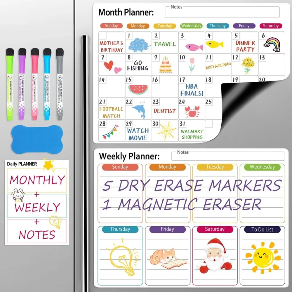 Dry Erase Calendar Magnetic Monthly Weekly Daily Whiteboard Organizer For Fridge